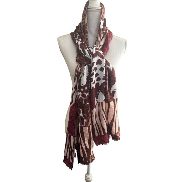 NWT INC Patchwork Mixed Animal Scarf Wrap Brown Burgundy Leopard Fall #5226 - Picture 1 of 11